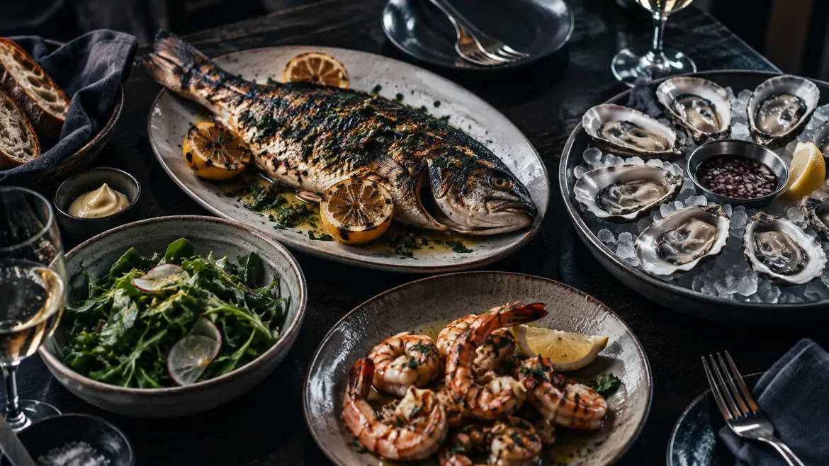A sharing spread of whole fish, oysters, shrimp, and greens