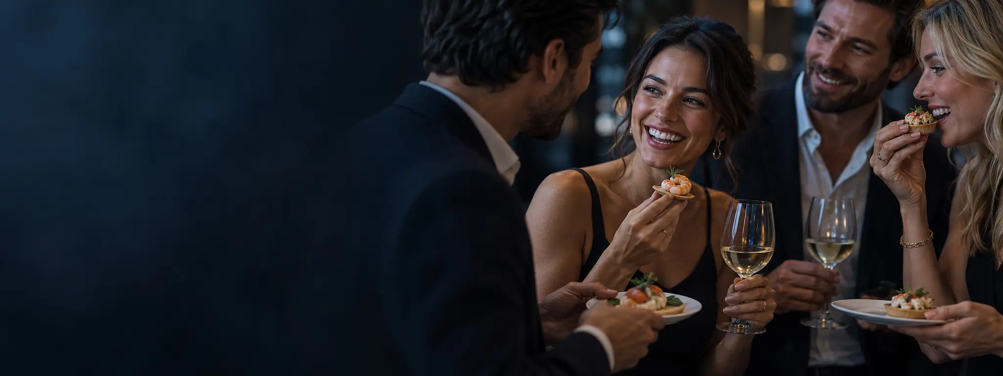 Guests enjoying seafood canapés and drinks together
