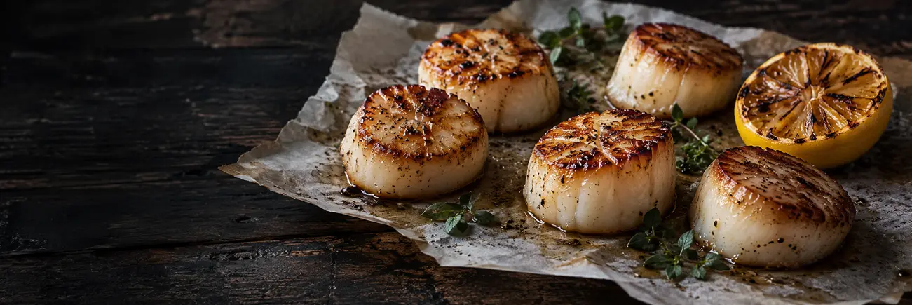 Seared scallops with charred lemon and herbs on parchment