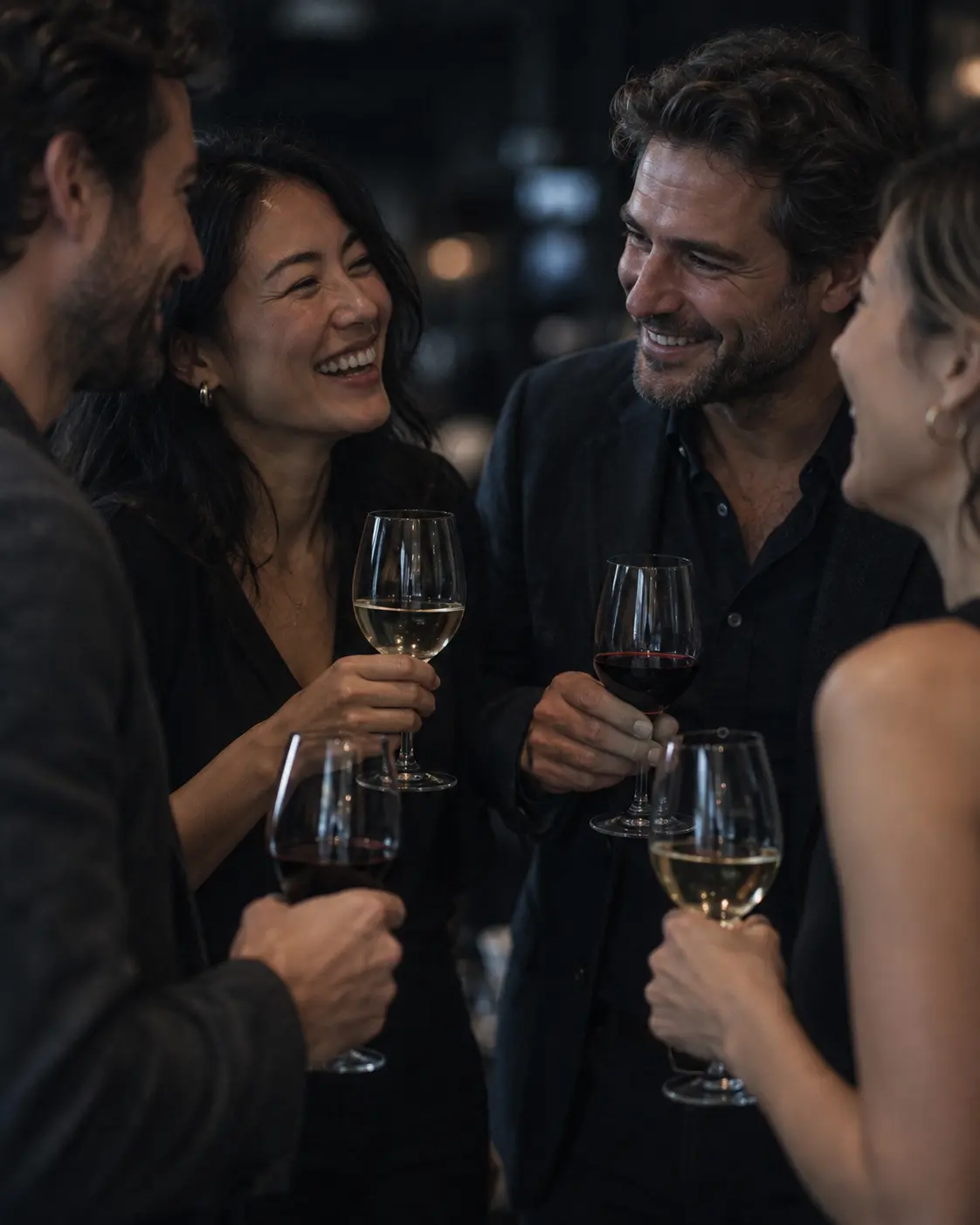 Four friends smiling and sharing conversation over glasses of wine