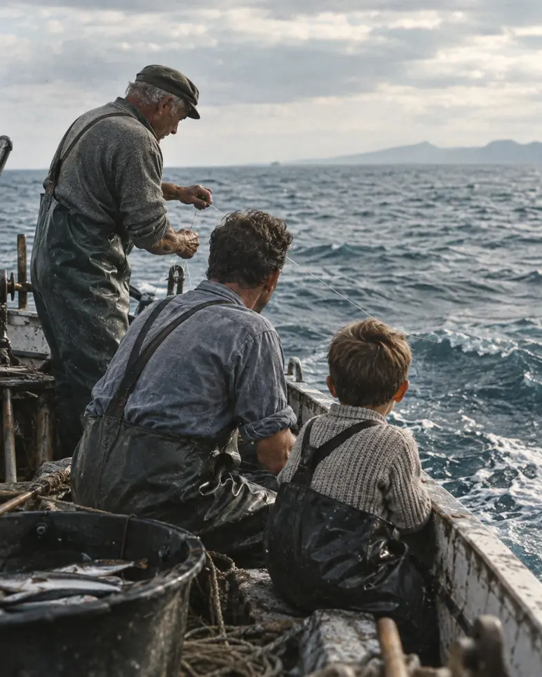 Three people fishing from a small boat on the sea