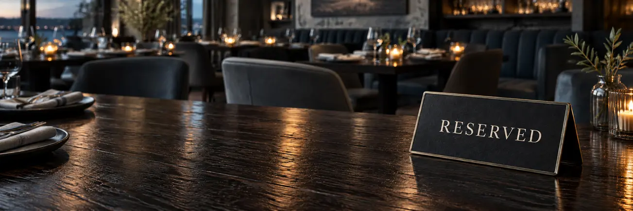 A reserved sign on a restaurant table set for dinner