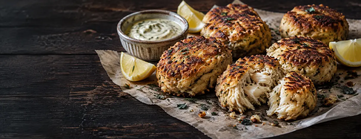 Crab cakes with lemon and herb sauce on parchment