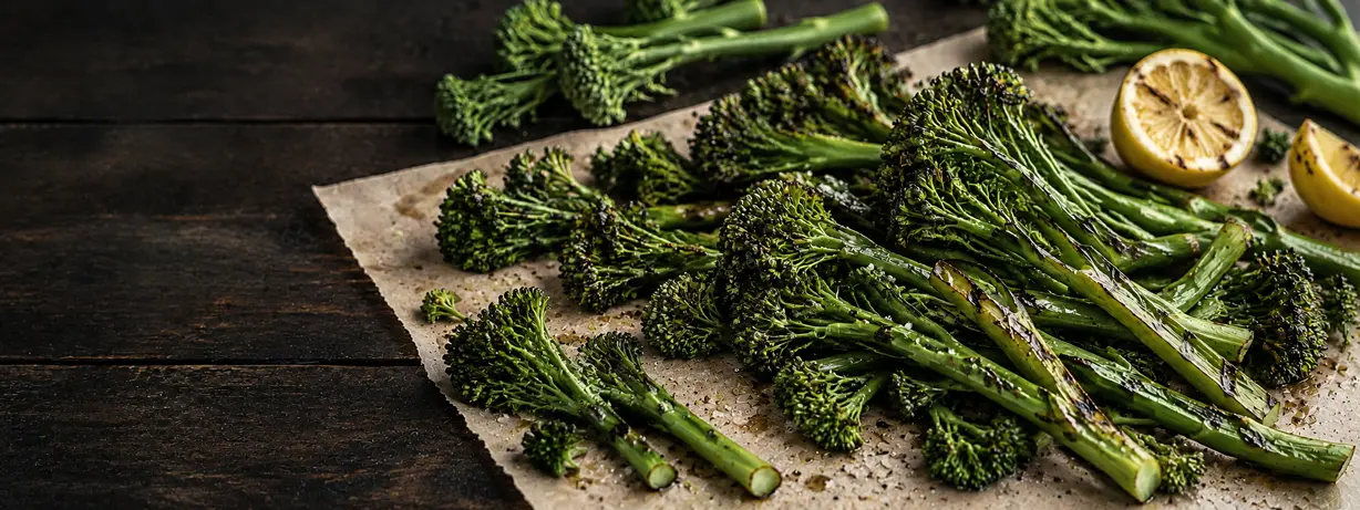 Grilled broccolini and charred lemon on parchment