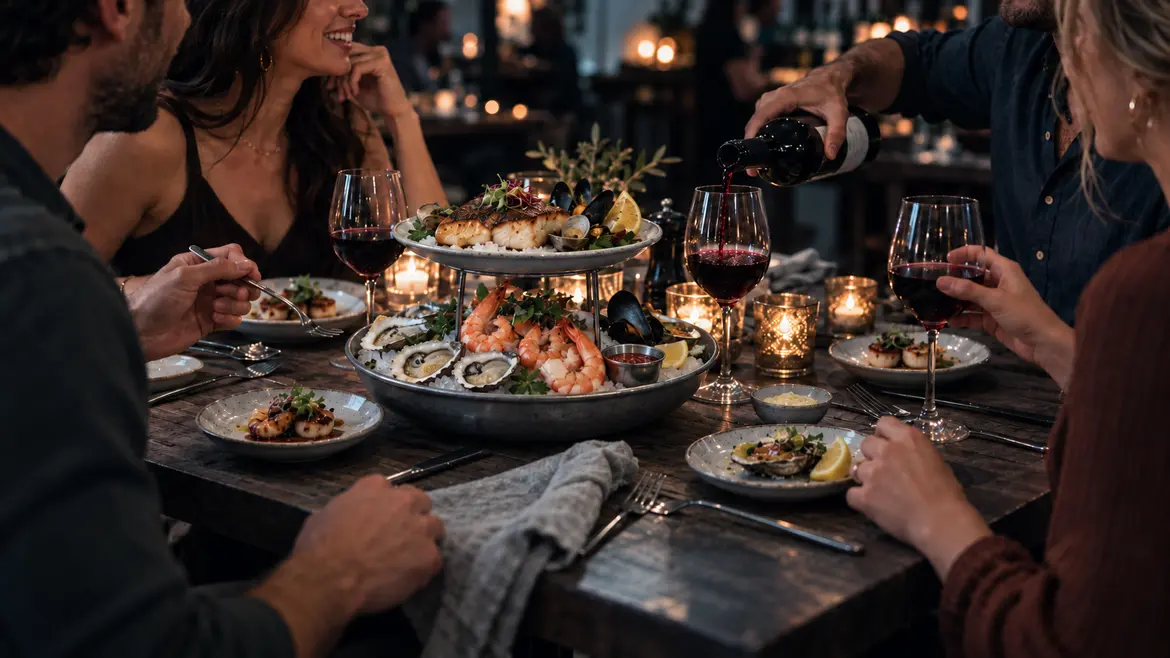 Friends sharing a seafood platter and wine around a restaurant table