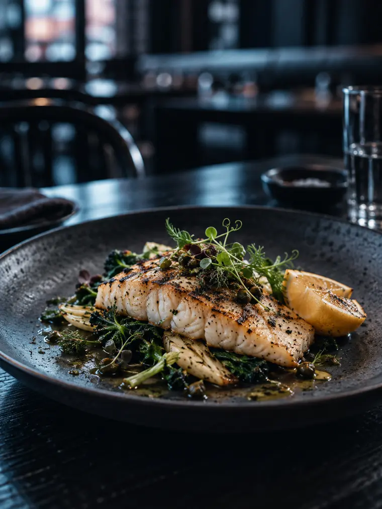 Grilled fish with greens, herbs and charred lemon on a dark plate